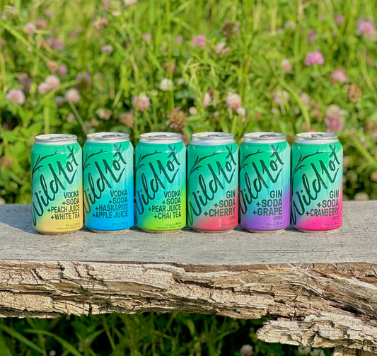 Six cans of Wild Lot drinks on a wooden surface with a natural background