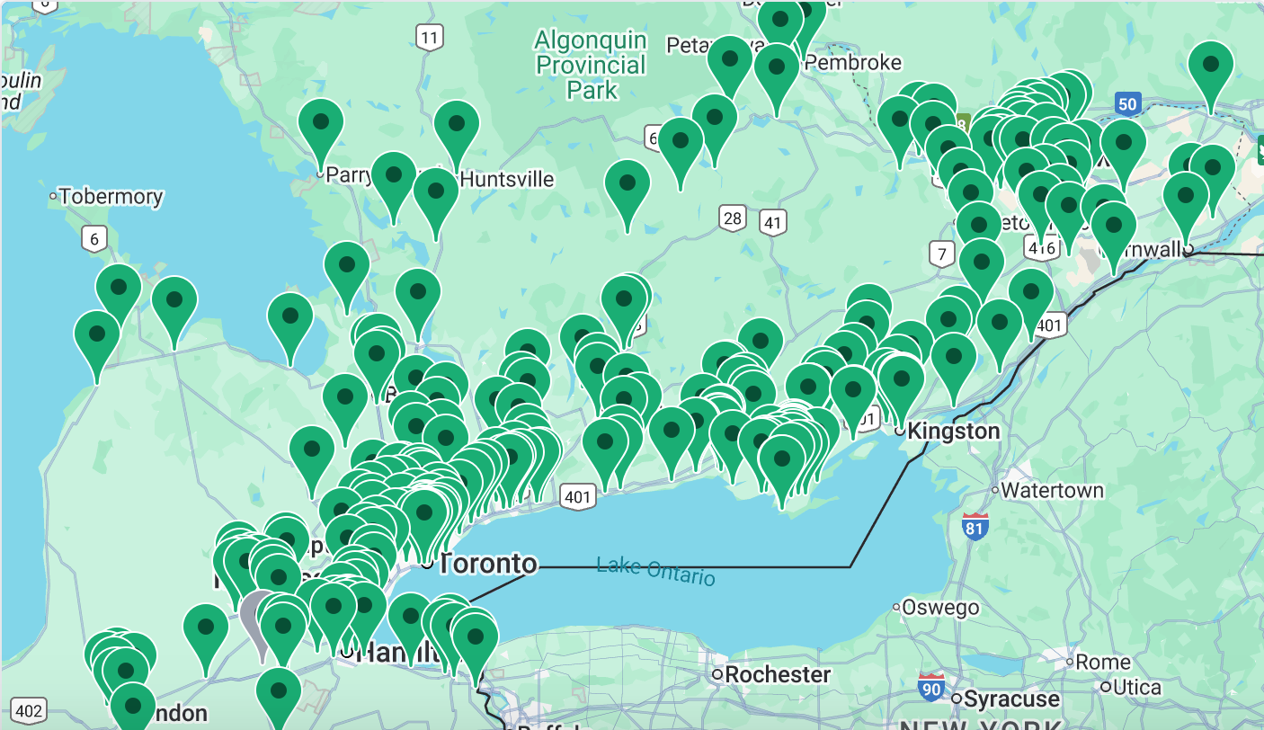 Map of Ontario with location pins.