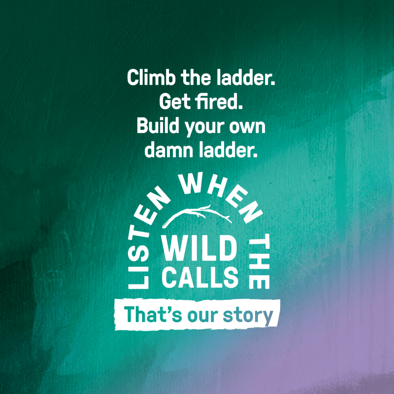 Motivational quote on a gradient green and purple background with a logo.