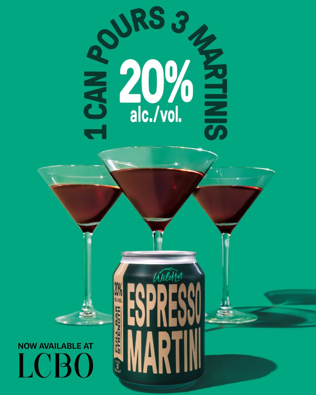 Canned Espresso Martini with three glasses of the drink on a green background, featuring text about alcohol content and availability at LCBO.
